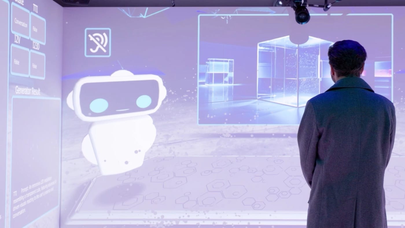 Visitor inside the Siemens AI cube surrounded by projected content