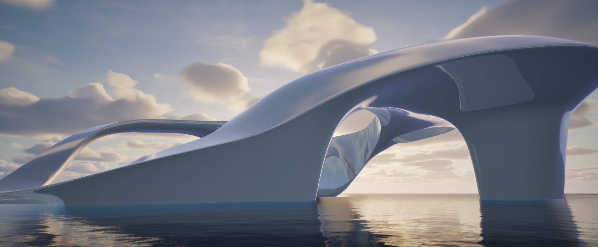 Reflective Unreal Engine architecture over water