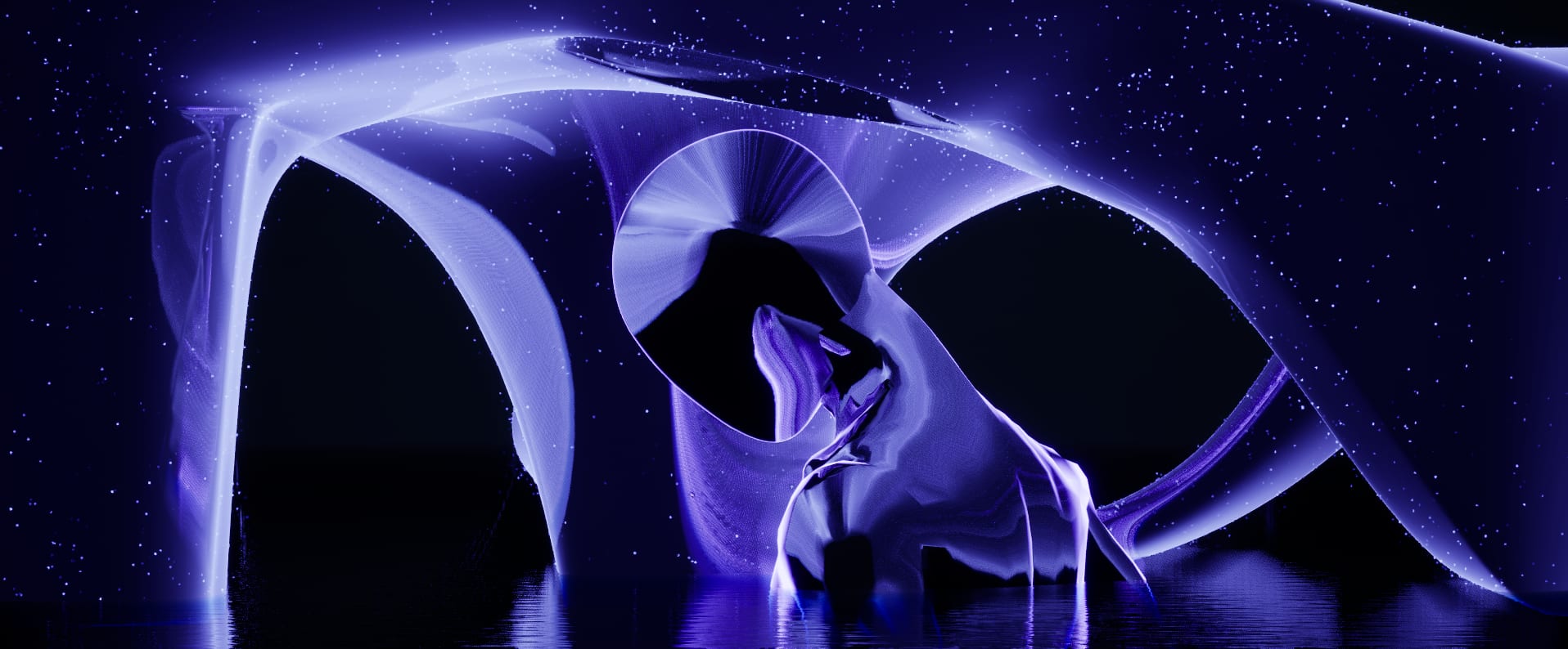 Realtime figure moving through a blue spatial form