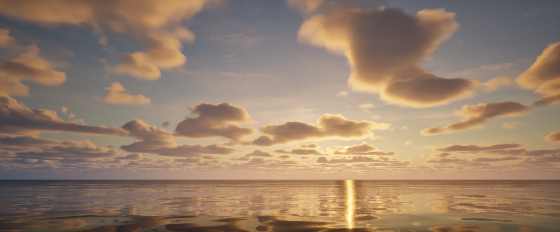 Golden realtime sky reflected on a calm sea