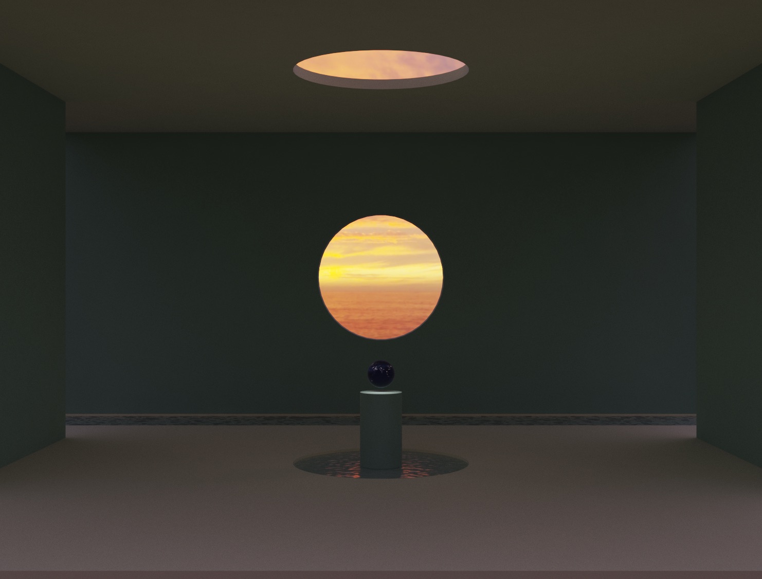 Surreal architectural room with circular sunset portal