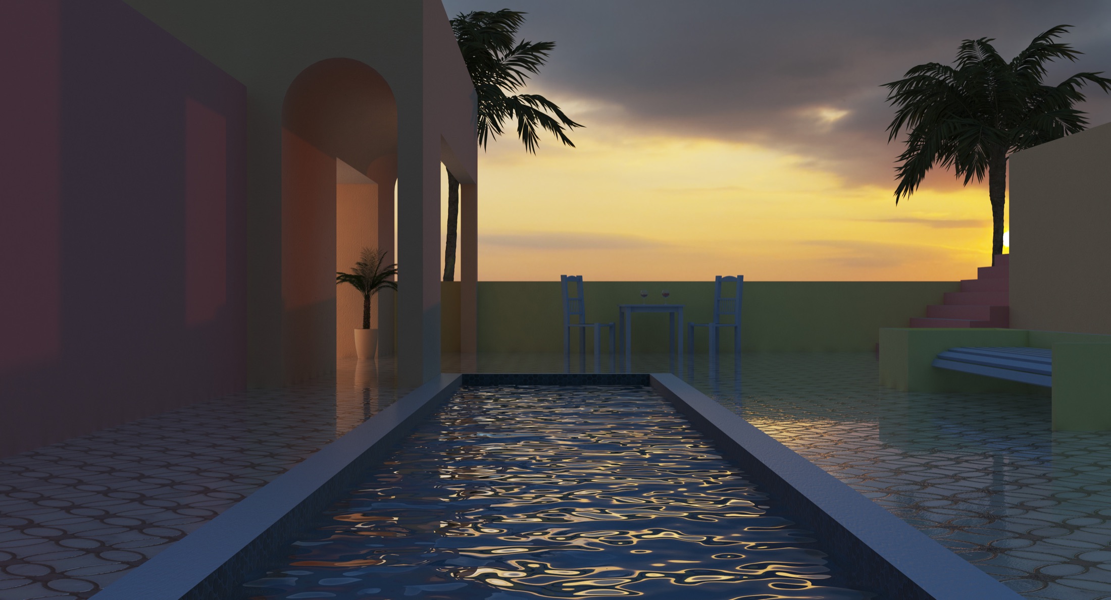Surreal villa pool scene