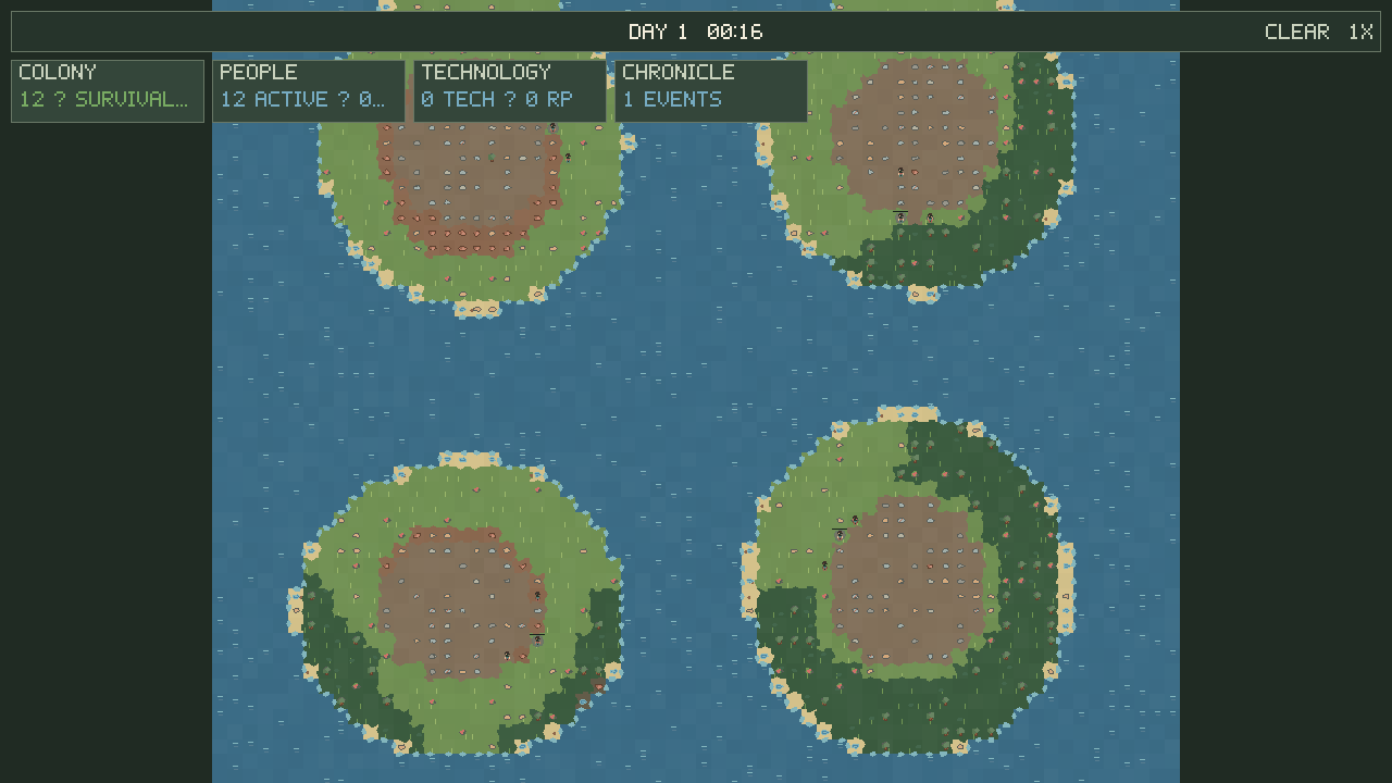 The Colony simulation showing four generated islands and the colony interface