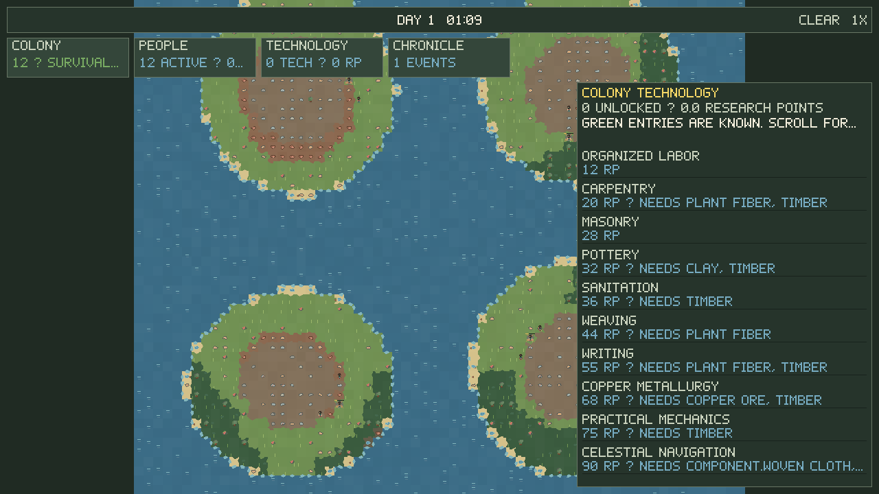 The Colony technology panel showing research paths